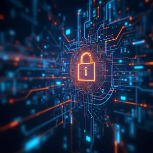 API Integration with blue and orange lights glowing with cyber security symbolism of an orange glowing padlock.