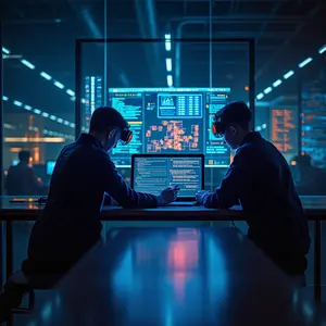 Application Maintenance-Support with blue and orange lights glowing with cyber techs working together.