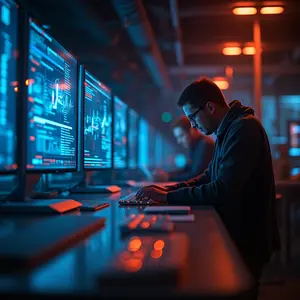 Application Maintenance-Support with blue and orange lights glowing with cyber technicians working on an application