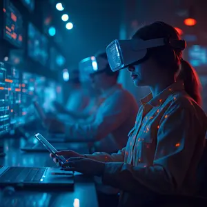 Augmented Virtual Reality with blue and orange cybersecurity symbolism with technicians wearing VR tech.