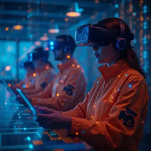 Augmented Virtual Reality with cybersecurity symbolism with technicians wearing VR Gear.