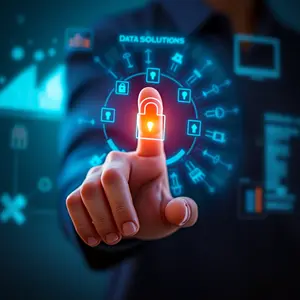 Big Data Solutions with blue and orange glowing cyber security symbolism glowing around a persons finger pointing to a padlock in the center