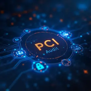 Certifications and Compliance with blue and orange lights glowing with cybersecurity symbolism with PCI Audit.