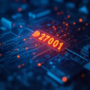 Certifications and Compliance with blue and orange lights glowing with cybersecurity symbolism with ISO 27001.