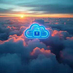 Cloud Consulting with blue secure cyber security objects glowing in the clouds