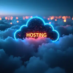 Cloud Hosting with blue and orange glowing Hosting in the clouds.