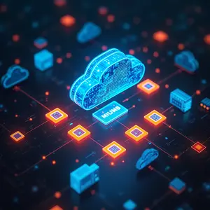Cloud IT Services-Platform as a Service as a Service-PaaS-with blue and orange glowing objects.