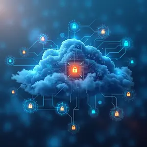 Cloud Management with blue and orange glowing cybersecurity symbolism circuits cloud pacdlocks.