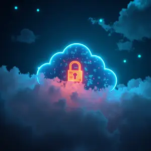 Cloud Migration with blue and orange glowing cybersecurity symbolism in a glowing blue cloud and orange padlock.