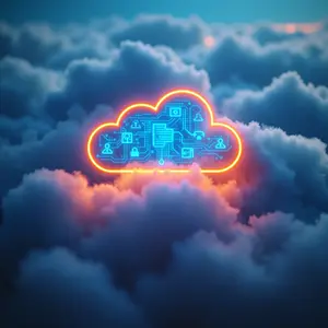 Cloud Migration with blue and orange glowing cybersecurity symbolism in the clouds with cicuits