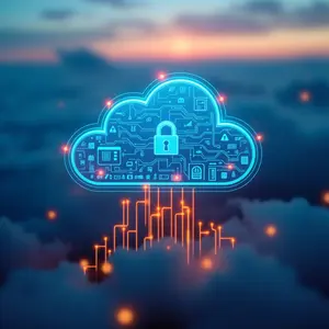 Cloud Services with blue and orange glowing cybersecurity symbolism circuits and vaults in the clouds.
