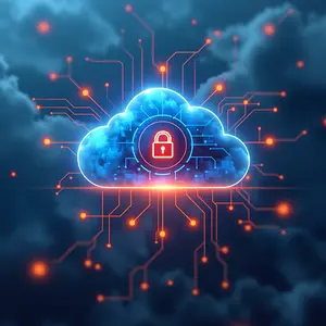 Cloud Services with blue and orange glowing orange cybersecurity symbolism circuits in the clouds.
