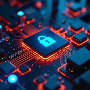Computer Networking systems with padlock on top of one of the interconnected pc chips