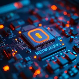 Computer Newtowrking systems with the word networking under one of the interconnected pc chips.