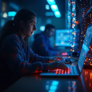 Custom Software Development with blue and orange lights glowing code on a computer monitor and a female programmer looking at it.