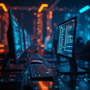 Custom Software Development with blue and orange lights glowing code on a computer monitor.