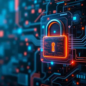 Cybersecurity Consulting with blue and orange glowing cyber security symbolism lock.