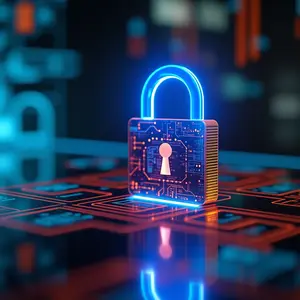 Cybersecurity Consulting with blue and orange glowing cyber security symbolism padlock.