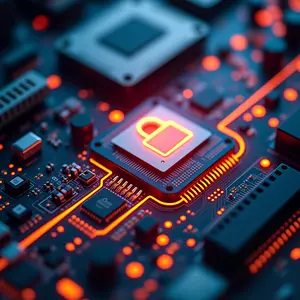 Data Migration & Integration with blue and orange glowing padlock on a pc chip.