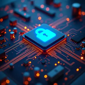 Data Migration & Integration with blue and orange glowing wires and a large blue glowing padlock on a pc chip.