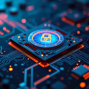 Data Warehousing with blue and orange glowing cyber security symbolism with data locked in PC Chips.