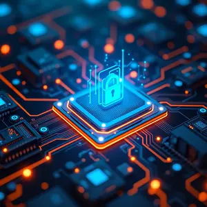 Data Warehousing with blue and orange glowing cyber security symbolism with padlock glowing over a pc chip