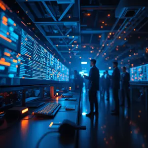 DevOps-CI-CD with blue and orange lights glowing with cyber security symbolism with technicians in working on development and operations.
