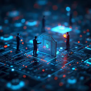 DevOps-CI-CD with blue and orange lights glowing with cyber security symbolism with technicians in working on secure development and operations standing on circuits.