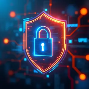 Digital Transformation with blue and orange glowing cyber security