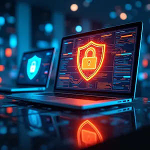 Employee Training with blue and orange glowing cybersecurity symbolism on laptops with shield and padlock.