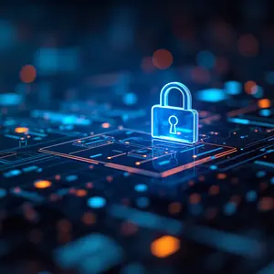 Enterprise Software Solutions with blue and orange lights glowing with cyber security symbolism of a blue padlock.