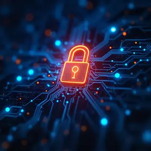 Enterprise Software Solutions with blue and orange lights glowing with cyber security symbolism of an orange padlock and wires.