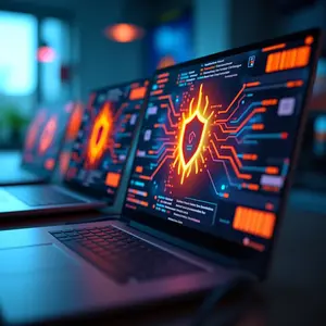 Firewall Managemen with blue and orange glowing cybersecurity symbolism on screens with shields.