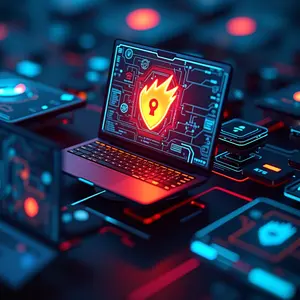 Firewall Management with blue and orange glowing cybersecurity symbolism on laptop screens.