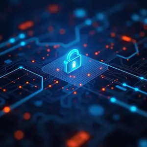 Futuristic Internet and connectivity solutions, with holographic padlock wireless transmitter