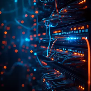 Futuristic IT Infrastructure Cabling with blue and orange lights internet routers and cables.