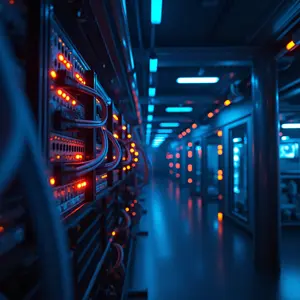 Futuristic IT Infrastructure Cabling with blue internet routers and cables and many lights on panels.