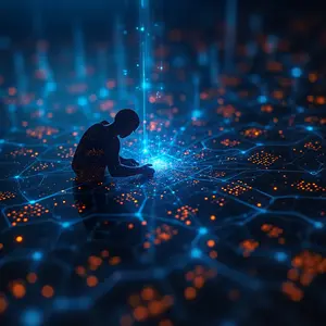 Hi-Tech Blockchain Development Solutions with blue and orange lights glowing tech representing an ai script.