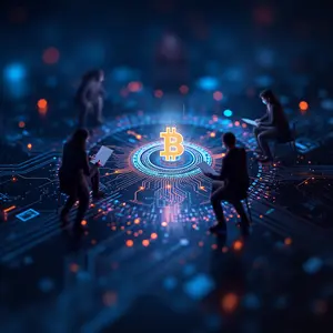 Hi-Tech Blockchain Development Solutions with blue and orange lights glowing with cybersecurity Bitcoin logo.