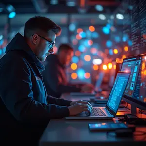 Hi-Tech Futuristic Artificial Intelligence & Machine Learning with blue and orange lights glowing with cyber security symbolism with technicians in working on AI.