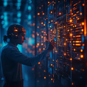 Hi-Tech Futuristic Artificial Intelligence & Machine Learning with blue and orange lights glowing with cyber security symbolism with technicians in working on AI tech.