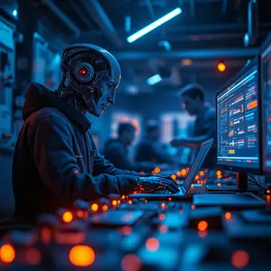 Hi-Tech Futuristic Emerging Technologies about AI Blockchain with blue and orange lights glowing with cyber security symbolism with technicians in working on quantum IoT.