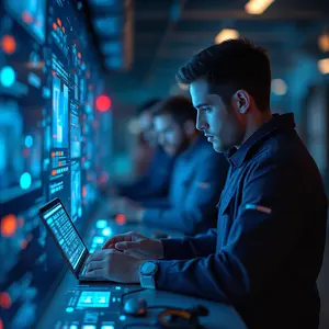 Hi-Tech Futuristic Emerging Technologies about AI Blockchain with blue and orange lights glowing with cyber security symbolism with technicians in working on quantum tech.