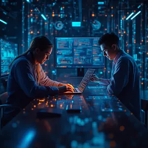 Hi-Tech Futuristic Internet-of-Things-ioT Solutions with cybersecurity symbolism with technicians in working.