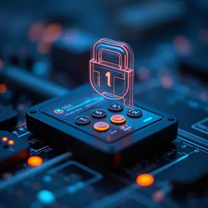 High tech cell phone with circuits and an orange holographic padlock signifying secure communication tools