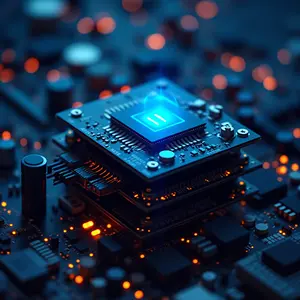 IT Asset Management with Cybersecurity symbolism with blue and orange lights on a stack of PC components with a holographic blue glow.