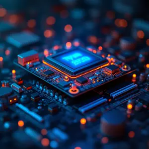 IT Asset Management with Cybersecurity symbolism with blue and orange lights on a stack of lit PC components.