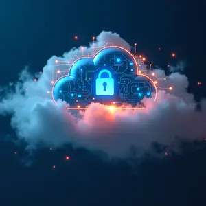 Infrastructure as a Service-IaaS-with blue and orange glowing cybersecurity symbolism in the clouds.