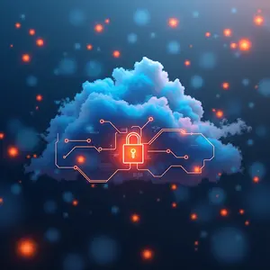 Infrastructure as a Service-IaaS-with blue and orange glowing padlock in the clouds.