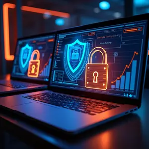 Laptops Employee Training with blue and orange glowing cybersecurity symbolism on screens with shield and padlock.